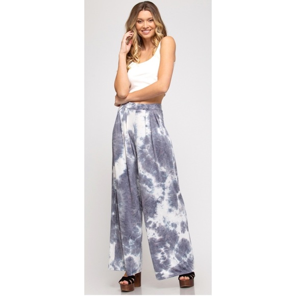 She and Sky Pants - Wide Leg Pants Womens Casual Pants Stretch tie dye Gray White NWT beach boho